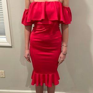 Red ruffle midi dress